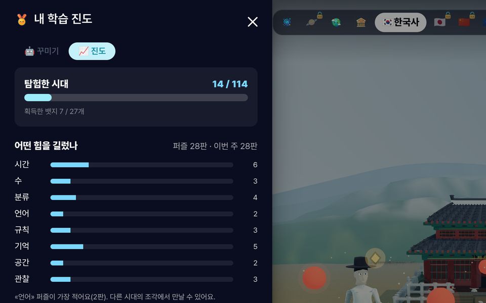 OurVerse 실제 화면 — 진도 탭. 탐험한 시대, 어떤 힘을 길렀나 막대, 주제별 진도
